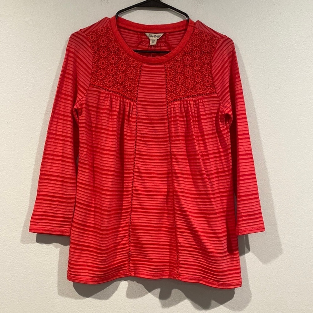 Lucky Brand Hot Pink Stripes Lace 3/4 Length Blouse - Size XS